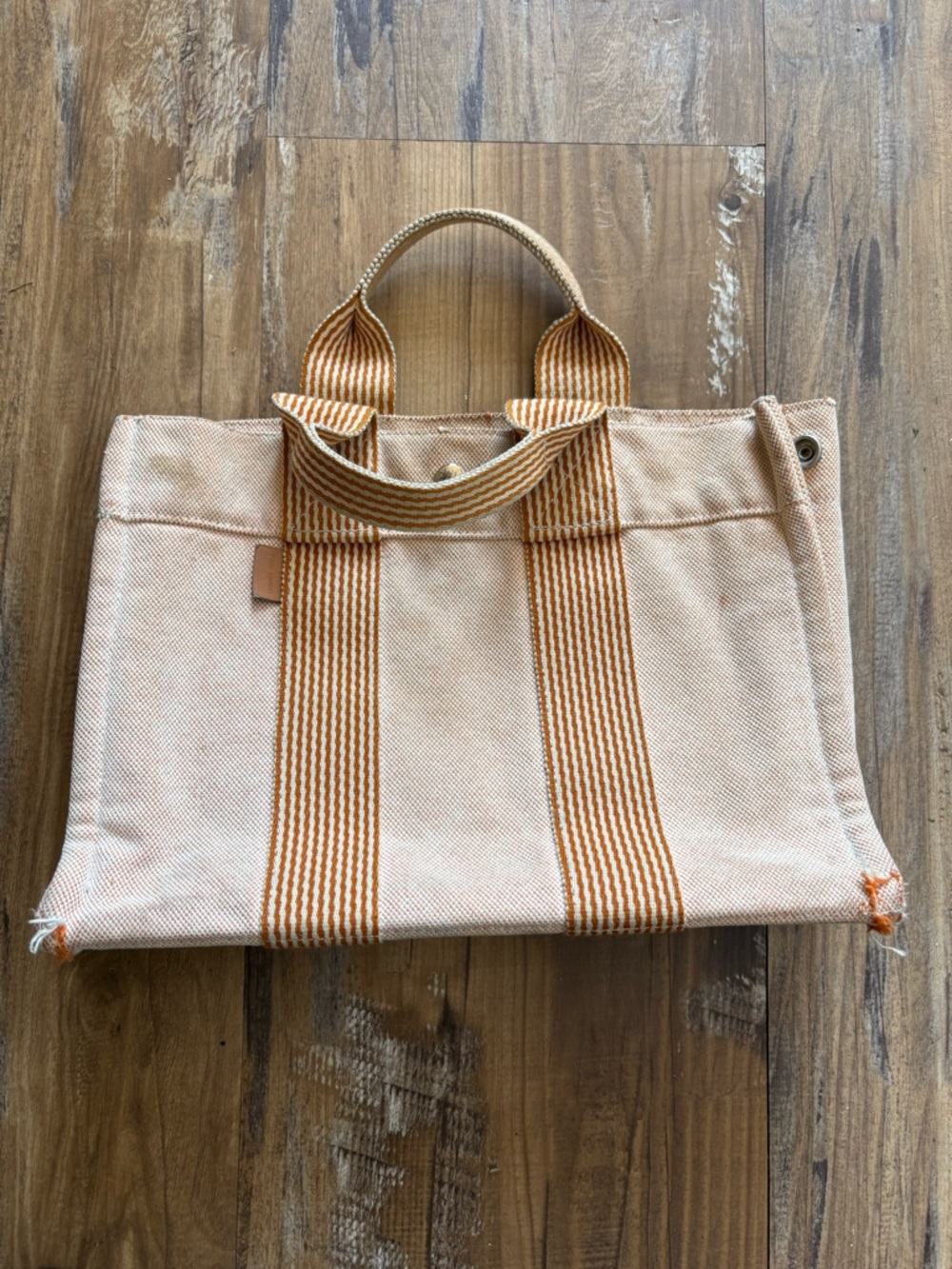 Hermes Peach Canvas Tote with Tan Striped Handles